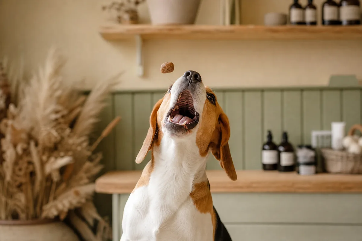 Beagle atrapando un snack natural al vuelo en Candela