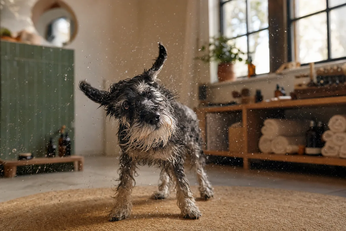 Schnauzer sacudiéndose tras el baño en Candela Bienestar Animal