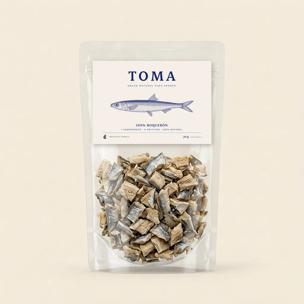 Bolsa TOMA 100% boquerón, snack natural creado por Candela