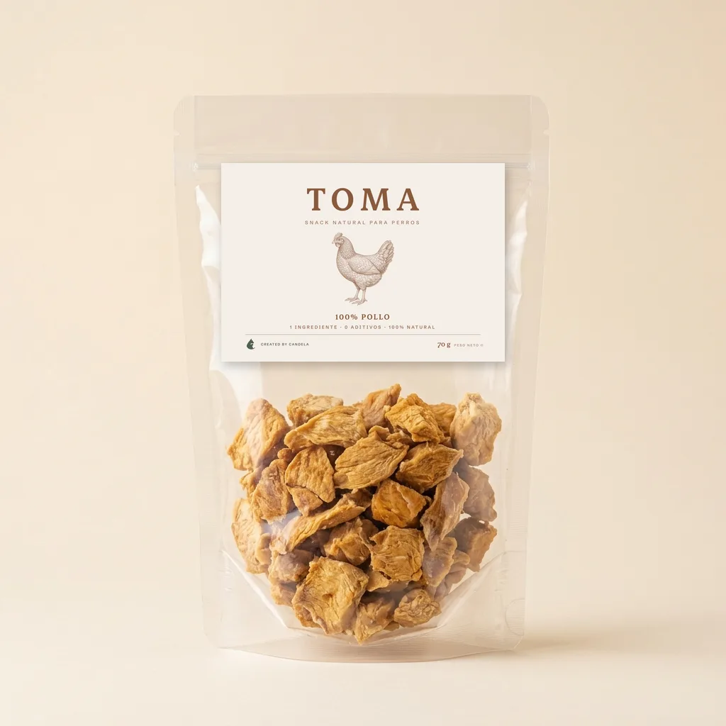Bolsa TOMA 100% pollo, snack natural creado por Candela